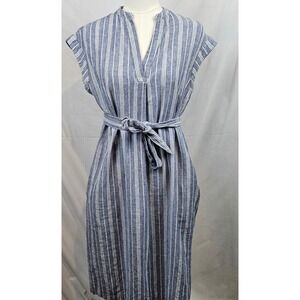 Jones‎ New York Blue White Stripe Linen Rayon Belted Midi Dress Resort Vacation